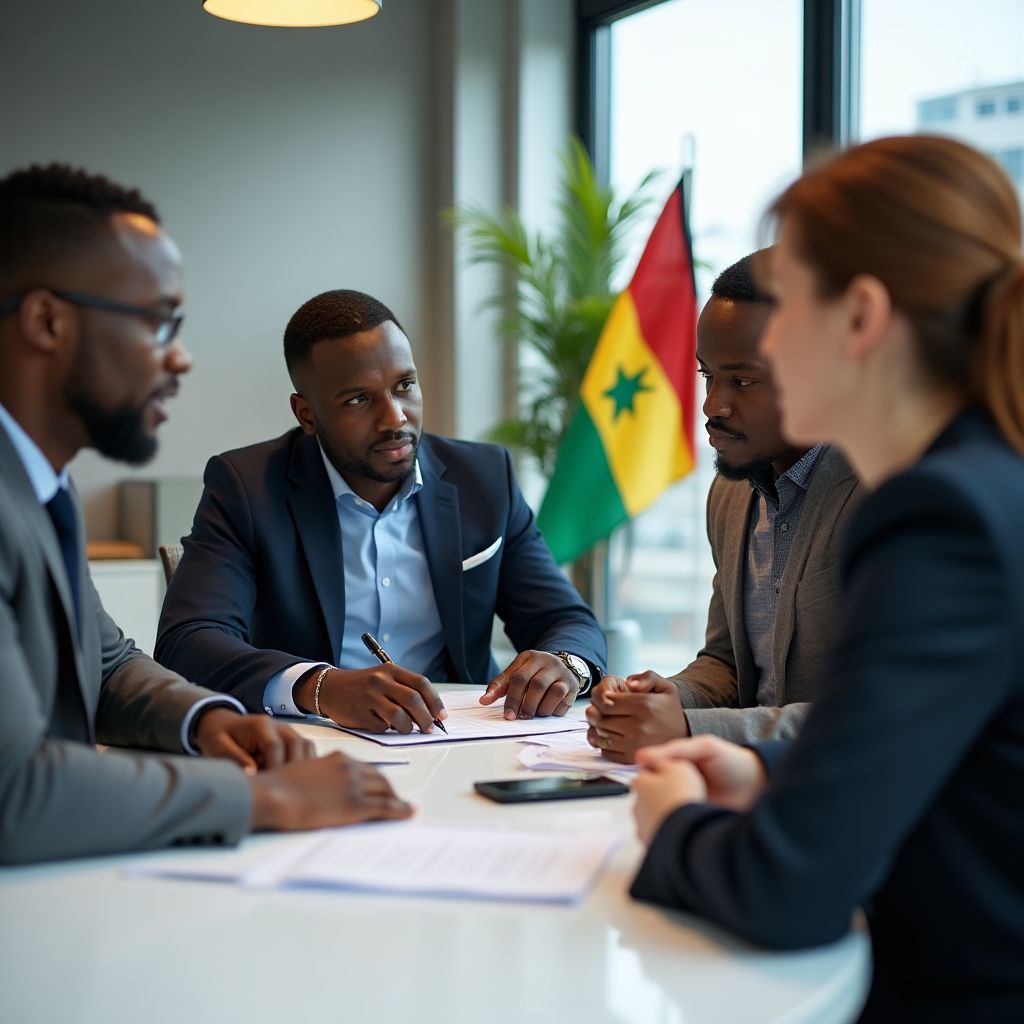 Team of financial consultants in Ghana discussing strategy